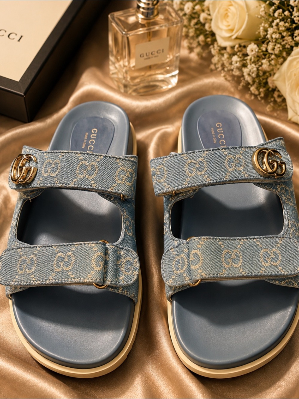 Gucci Light Blue Denim Double-Strap Slide Sandals with Gold GG Size 41